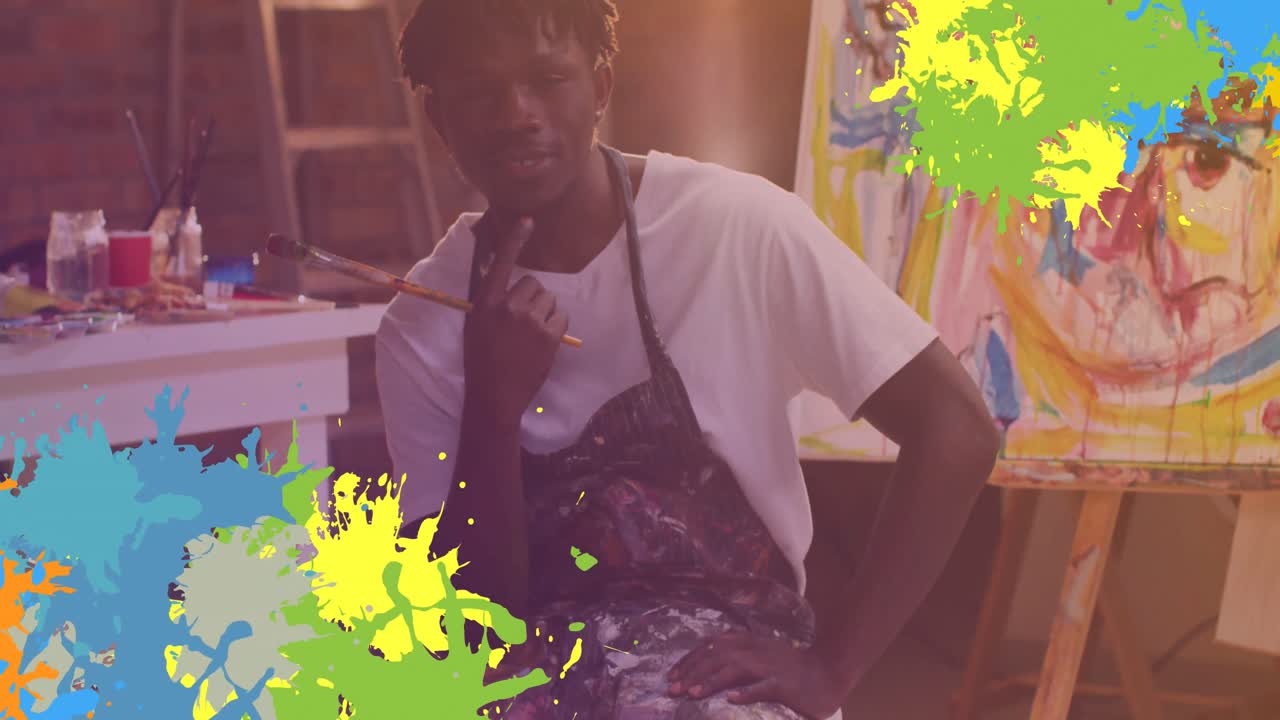 animación de trazos de pintura sobre artista masculino afroamericano