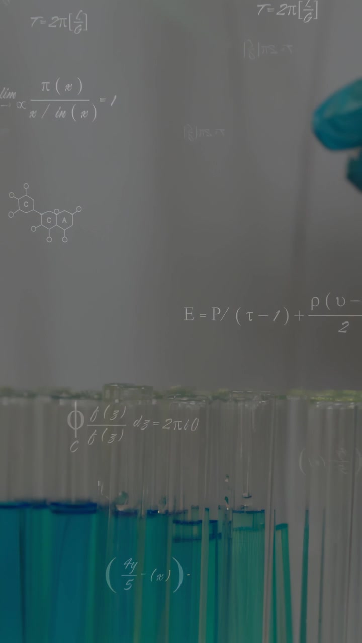 Gloved technician moving pipette toward tubes in chem lab, overlay formulas showing concentration