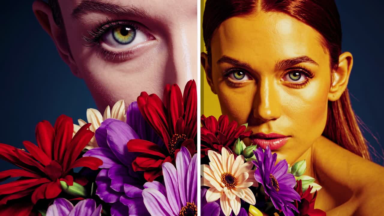 Close up portrait of a model with vibrant yellow skin holding colorful flowers, her face partially obscured by a central blue geometric shape creating a symmetrical and artistic composition