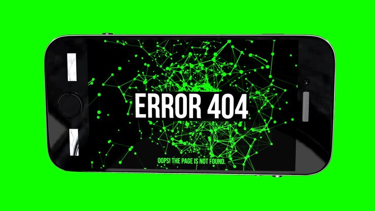 Smartphone with Page Not Found Error 404. Abstract Network Moving Background. Green Dots Connected by Lines on black background.