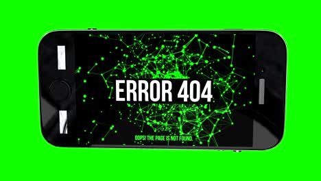 con página de teléfono inteligente no encontrada error 404. fondo móvil de red abstracta. puntos verdes conectados por líneas en fondo negro.