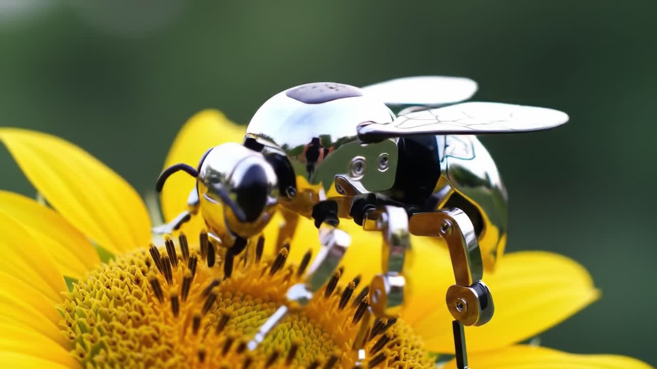 A Stunning Look at a Metallic Robot Bee Pollinating a Bright Sunflower, Showcasing the Blend of Technology and Nature in a Vibrant Setting