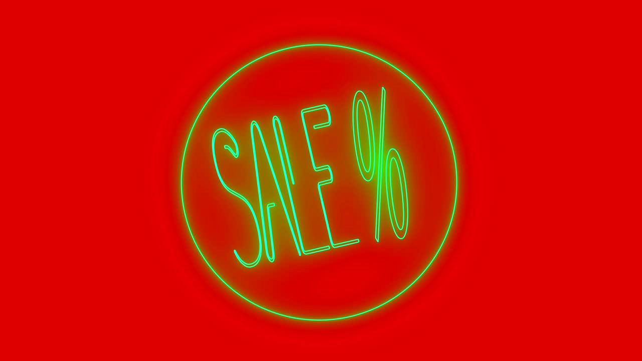 4k venta % animación - luz de neón verde, fondo rojo