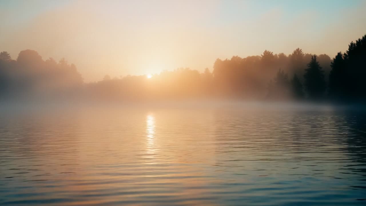 Sun peeking over treeline silhouette, bathing lake water in golden orange-pink hues, mist thinning