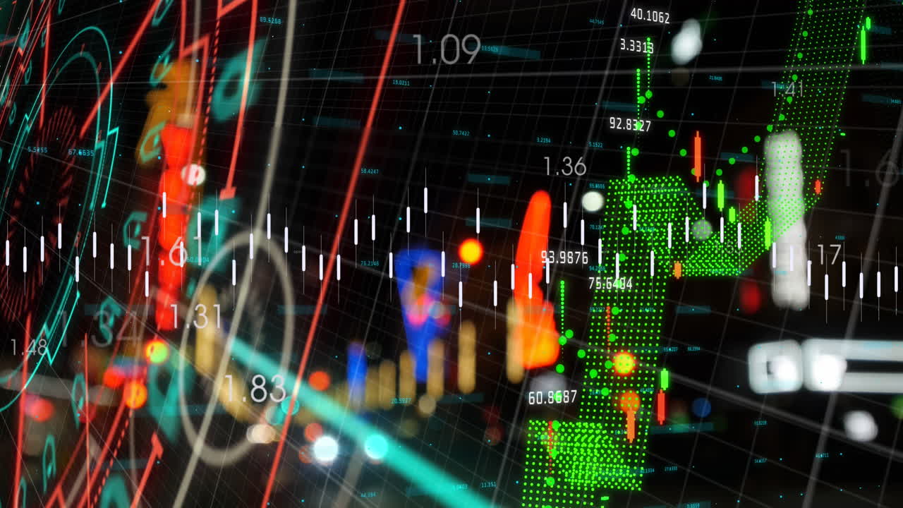 Animazione di scanner circolare e elaborazione di dati finanziari sullo sfondo del traffico notturno della città