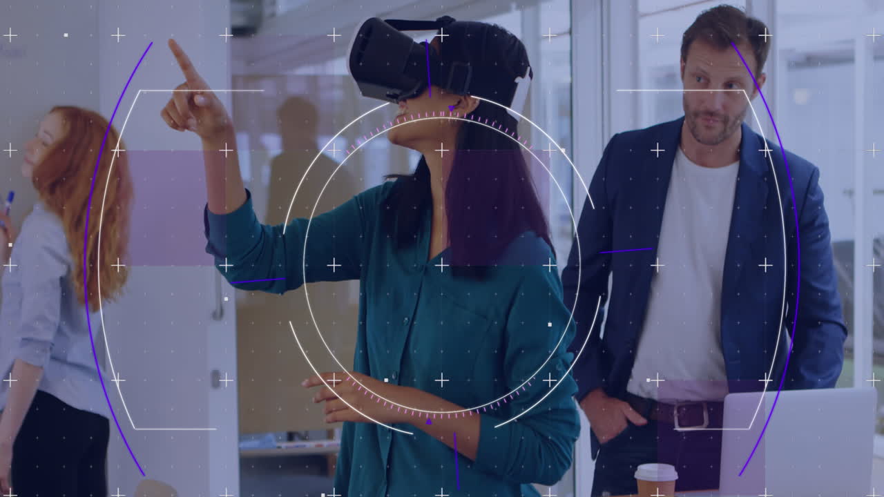 Animation of scope scanning over businesswoman wearing vr headset and moving her hands