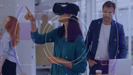 animation of scope scanning over businesswoman wearing vr headset and moving her hands