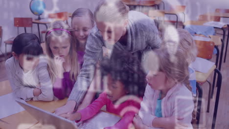 Animation of kids in a classroom over data processing in the background