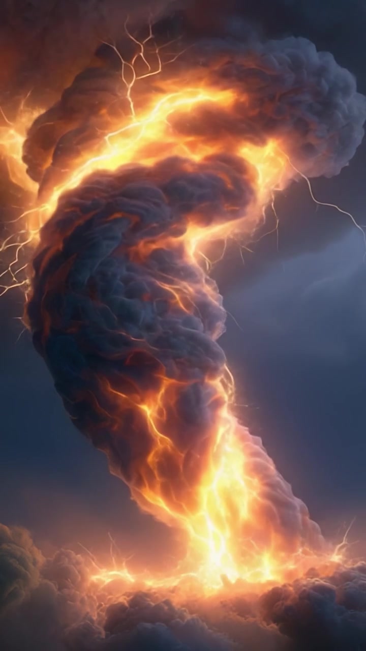 Una espectacular exhibición de un tornado de fuego iluminado por relámpagos, capturando el poder puro de la naturaleza en un cielo tumultuoso de nubes oscuras y energía eléctrica