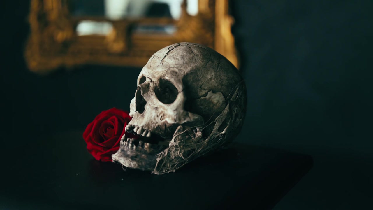 Teschio umano suggestivo accanto a una rosa rossa in penombra, horror, halloween e gotico.