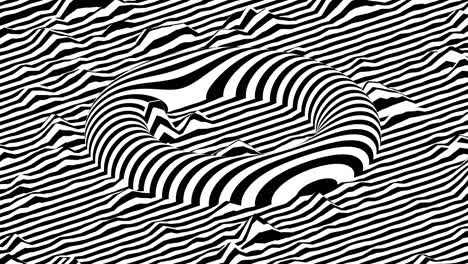 black and white stripes waving surface with moving torus on top of it. modern isometric background loop animation. 3d rendering.