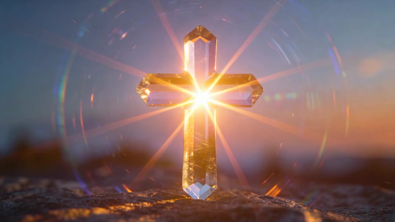Croce di cristallo sfaccettato rifrangente proietta anelli prismatici su una roccia al tramonto, con una banda di luce che si alza in un bagliore.