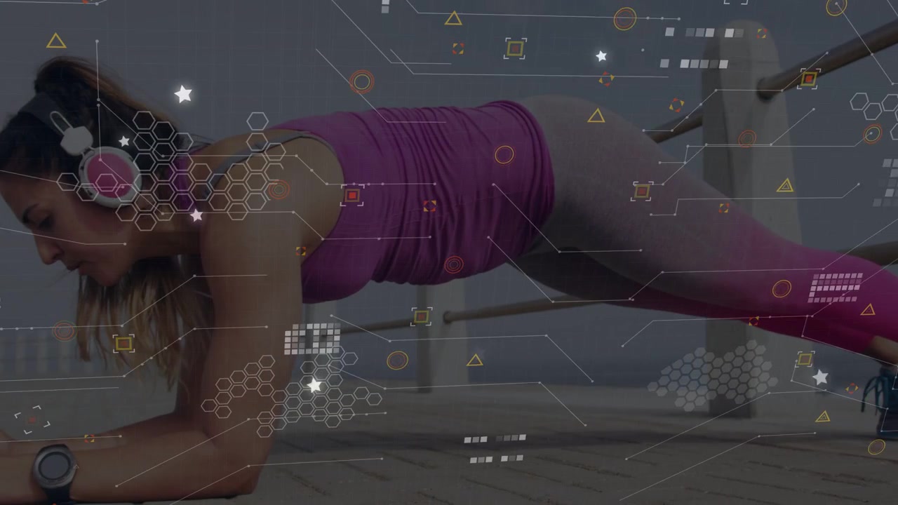 Woman holding forearm plank on pier, settling form, training core, overlay showing fitness metrics