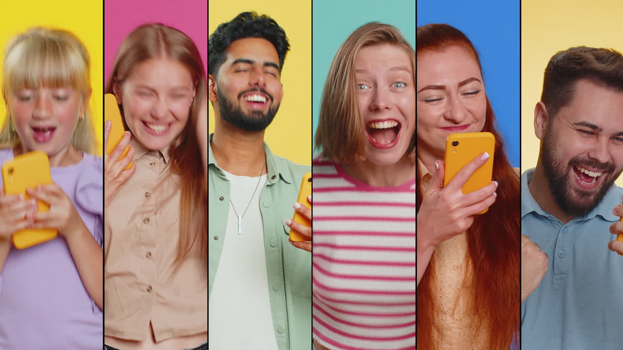 collage de personas sonrientes felices hombres mujeres usan teléfonos móviles celebrando ganar buenas noticias jugar un juego