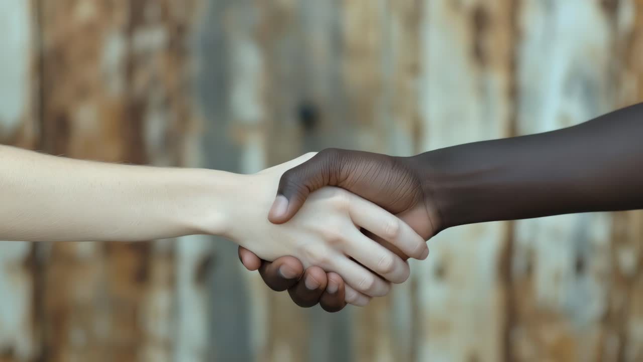 Two hands, one light skinned and one dark skinned, clasp in a firm handshake against a rusty metal backdrop, embodying unity and collaboration
