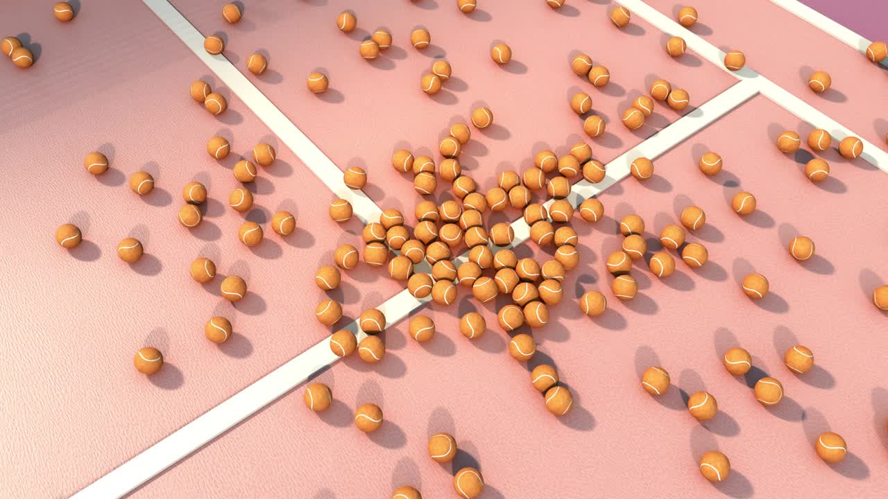 분홍색 코트에 떨어지는 스택에 오렌지색 테니스 공의 3d 렌더링.