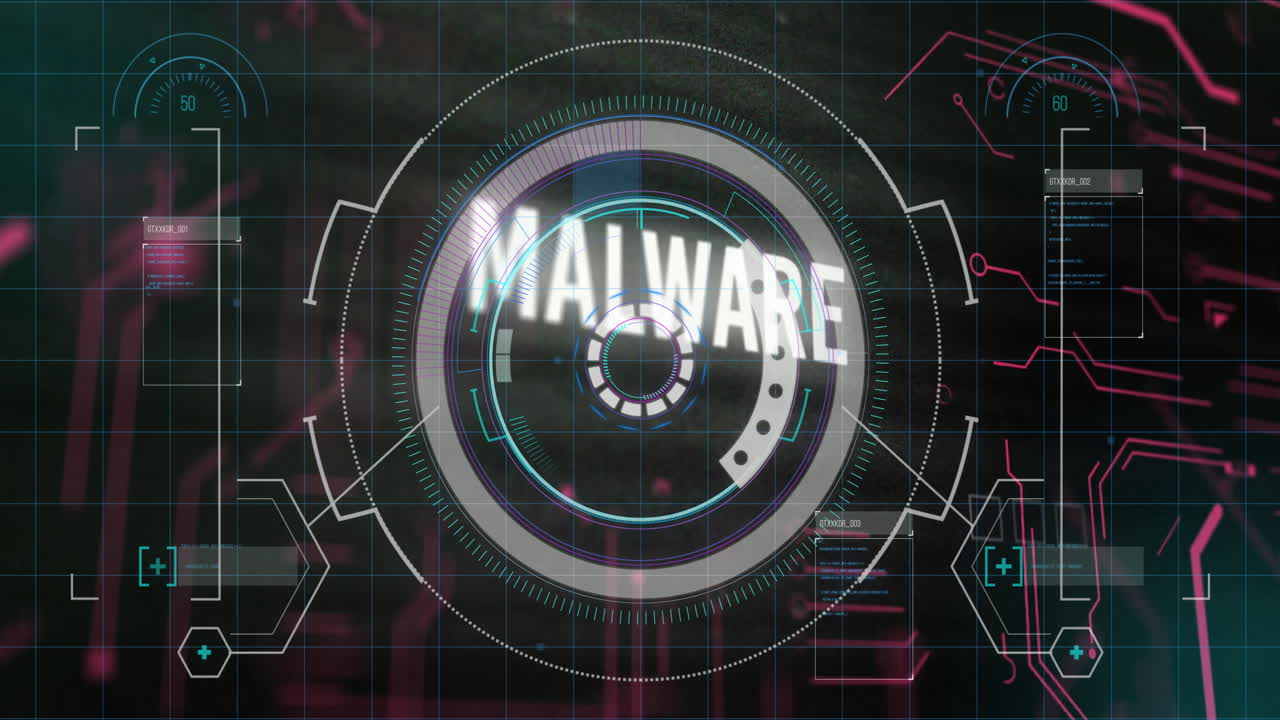 animación de texto de malware sobre interfaz digital con elementos circulares y de cuadrícula