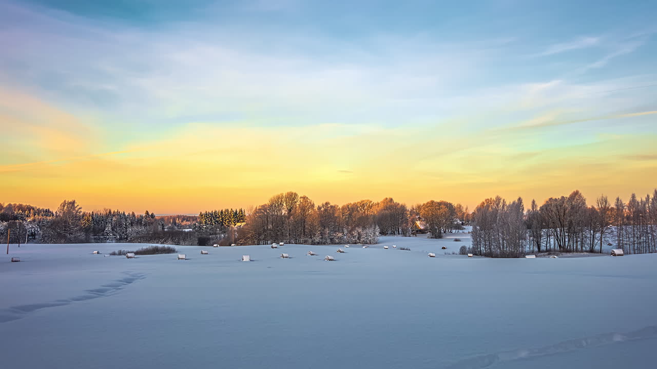 천천히 움직이는 구름과 자연 배경의 얼어붙은 눈 땅에 있는 나무와 빛의 전망에 대한 시간 경과