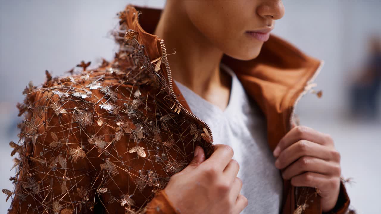 Una dichiarazione di moda unica: giacca artistica impreziosita con elementi naturali, che mette in mostra una miscela di natura e stile contemporaneo nel design di abbigliamento moderno