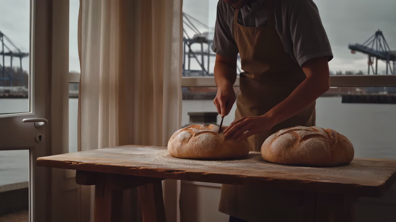 Baker Scoring Artisan Bread by a Window