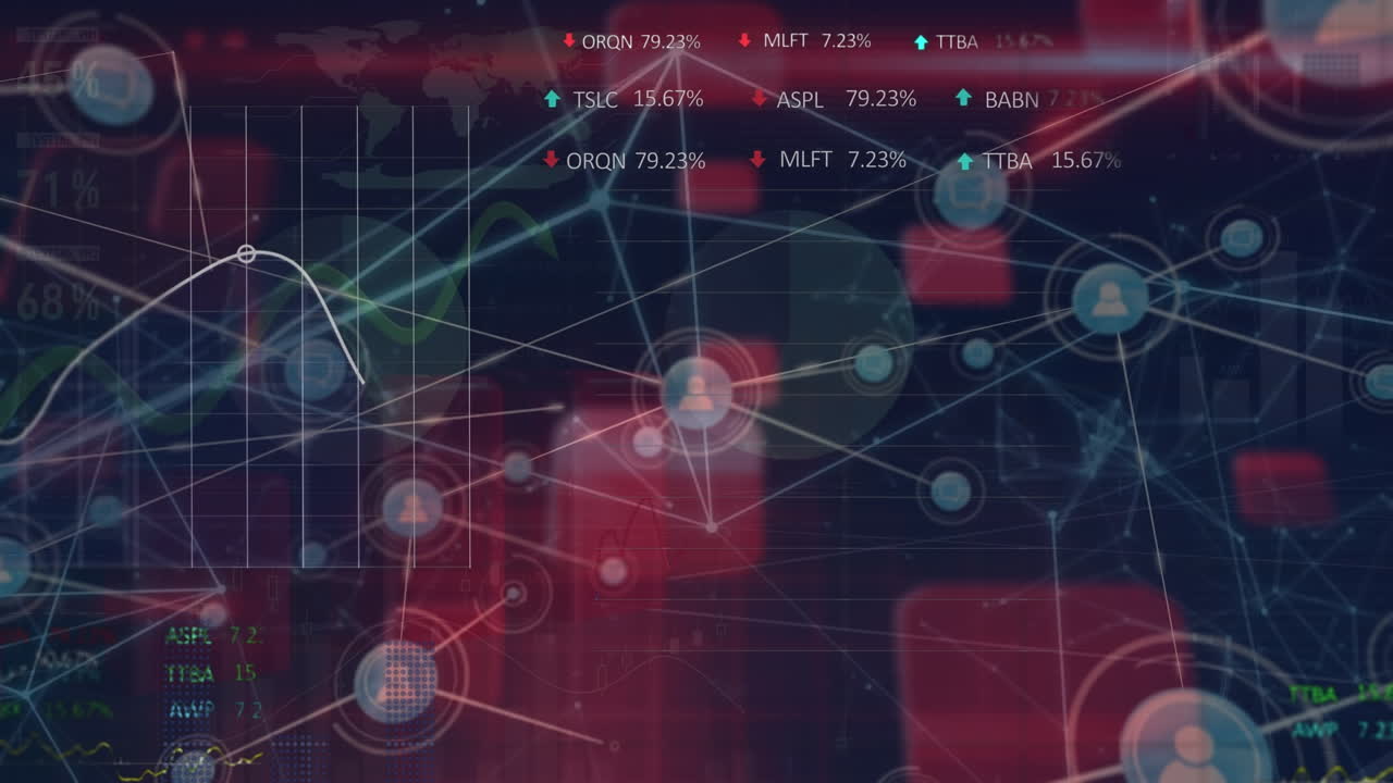 animación de la red de conexiones con iconos sobre pantalla roja con diversos datos financieros
