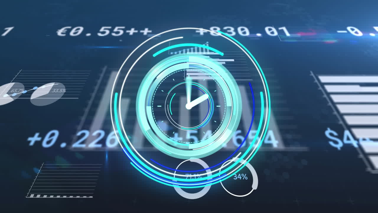 Animation of scope scanning with clock over financial data processing on black background