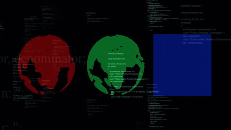 computer code animation over red and green globes and blue rectangle