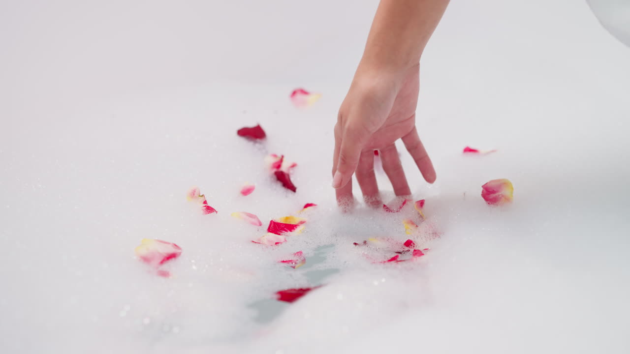 Lady dips hand into foam with rose petals closeup. Woman prepares romantic bath with fresh flowers stirring foam in bathtub. Idea for Valentine day