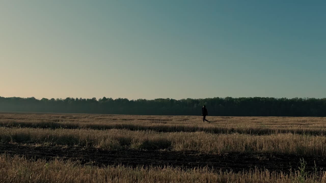 un hombre camina a través de un campo quemado al amanecer y al atardecer. silueta