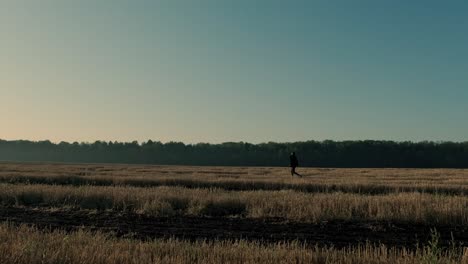 a man walks through a burned field at sunrise and sunset. silhouette