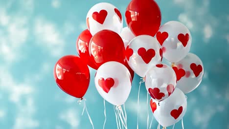 a bunch of red and white balloons with hearts on them