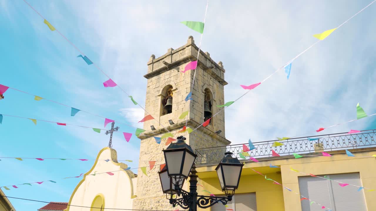 festive flags hanging town church