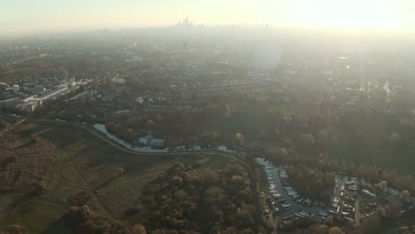 slider drone shot of lea river valley and central london skyline