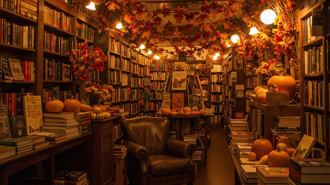 Cozy Autumn Bookstore Decorated with Pumpkins and Fall Leaves