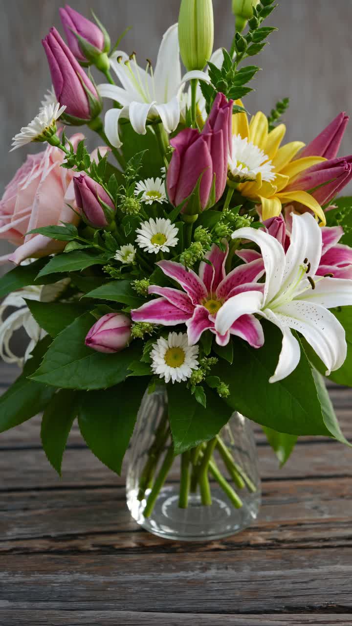 Un vivace bouquet di fiori misti in un vaso di vetro, ripreso da un'angolazione bassa.