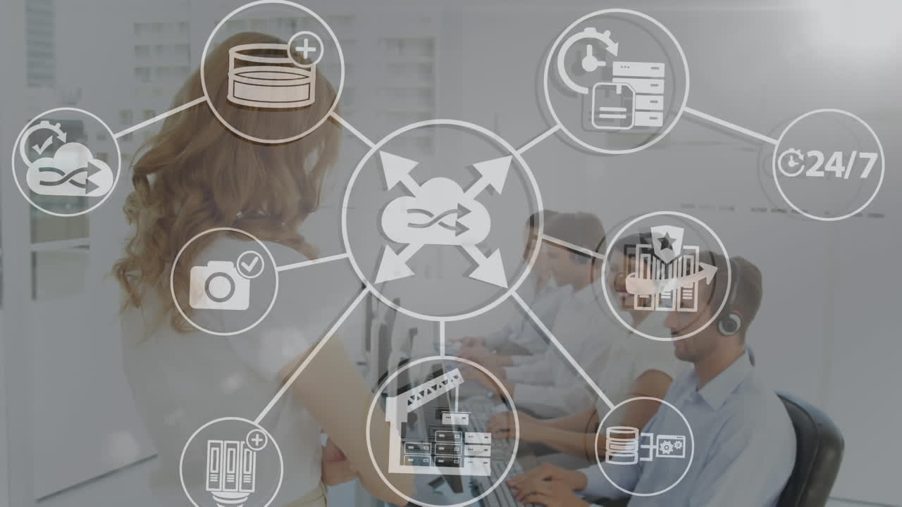 전화 헤드 ⁇ 을 착용 한 사업가 들 위 에 있는 아이콘 과 연결 된 네트워크 의 애니메이션