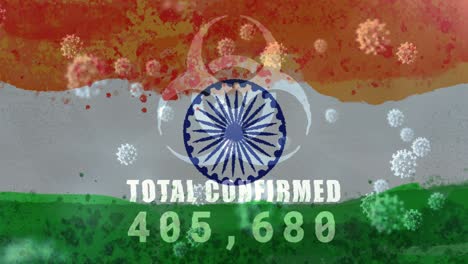 composition of covid 19 cells and biohazard sign with number of cases over indian flag