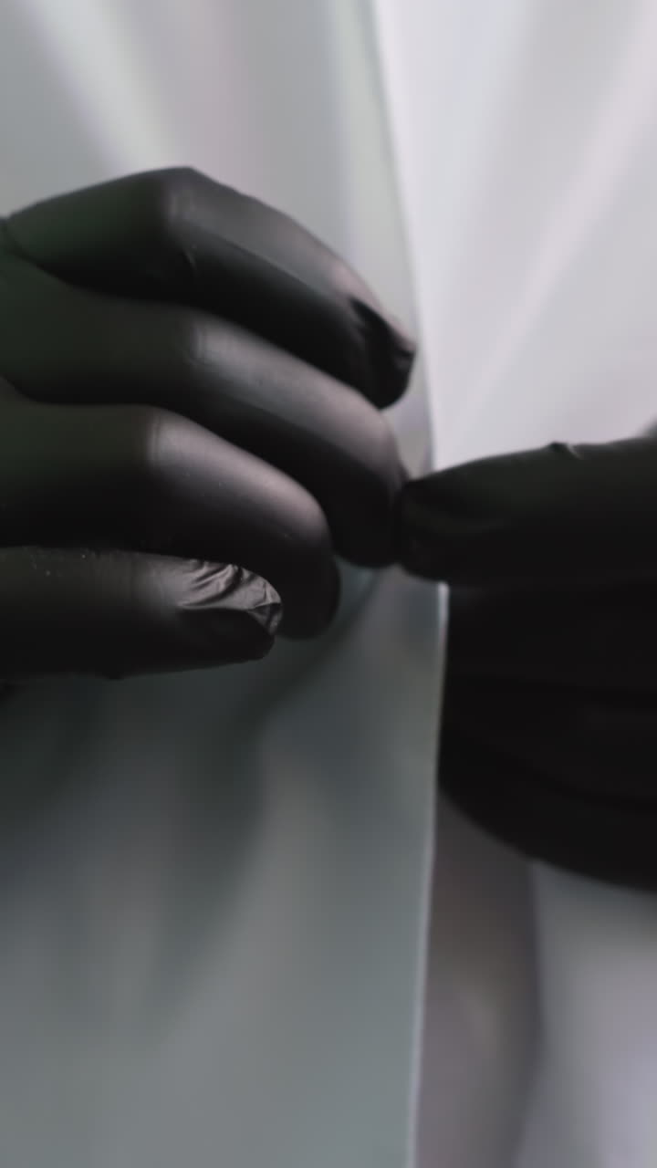 близкий вид человека в черных перчатках, застегивающего свой лабораторный плащ шаг за шагом