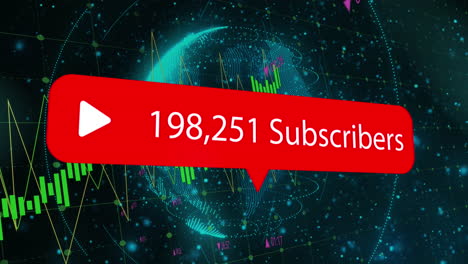 animation of subscribers and changing numbers in notification bar over globe and graphs