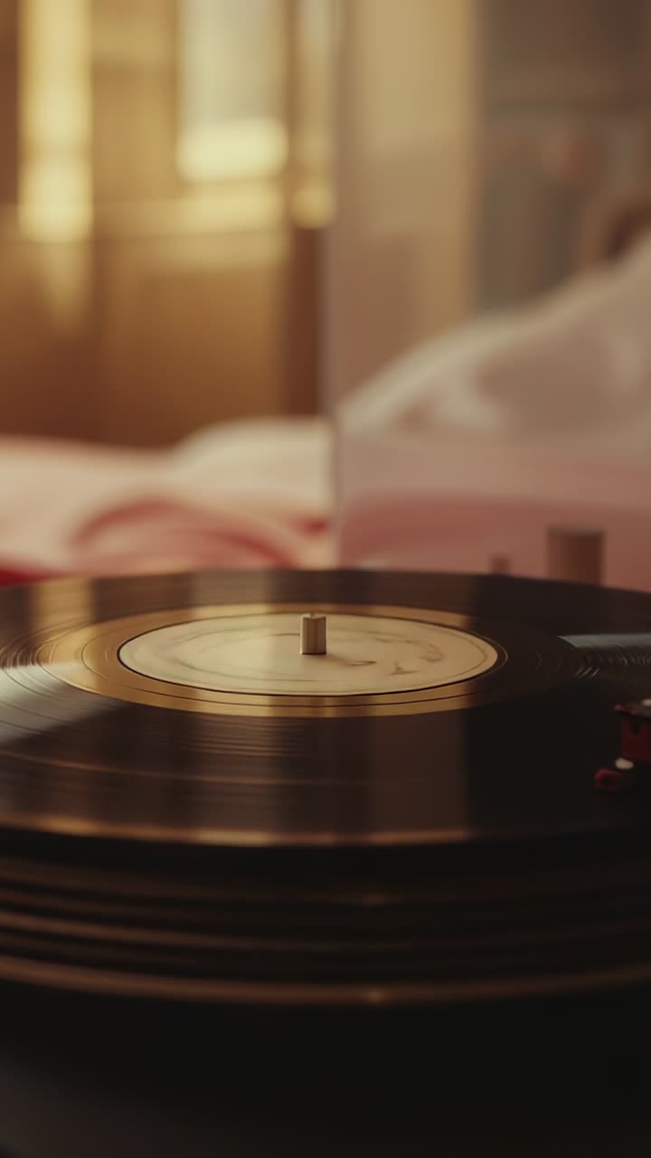 Vertical video: Engaging turntable motor, record spinning to play under curtained window in bedroom