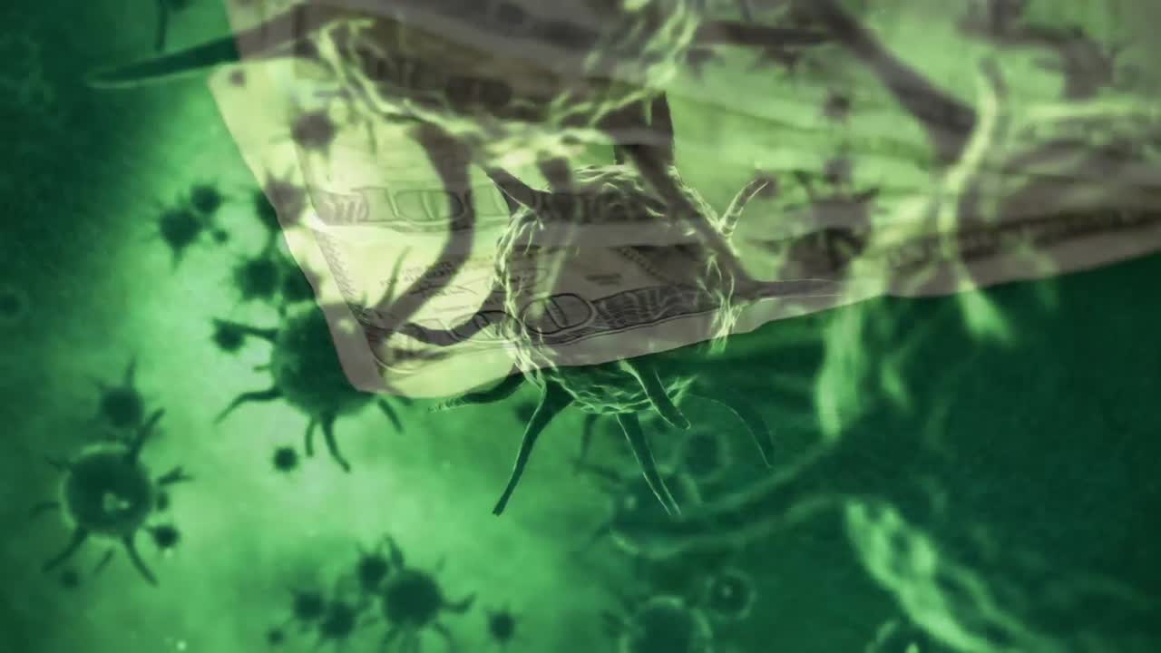 거시적인 코로나19 세포와 떠다니는 미국 달러 지폐의 애니메이션.