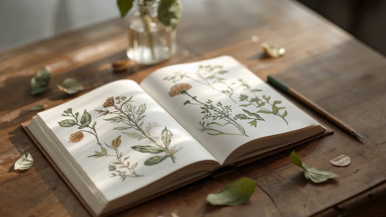 Eine sich verlagernde Kamera und bewegtes Sonnenlicht zeigen ein botanisches Skizzenbuch auf einem Holztisch, wobei ein Glas die Seiten rahmt