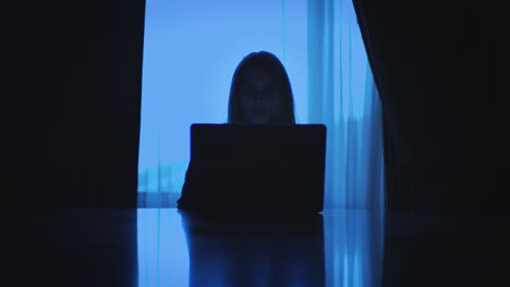 business woman working on laptop computer sitting back to window in dark room