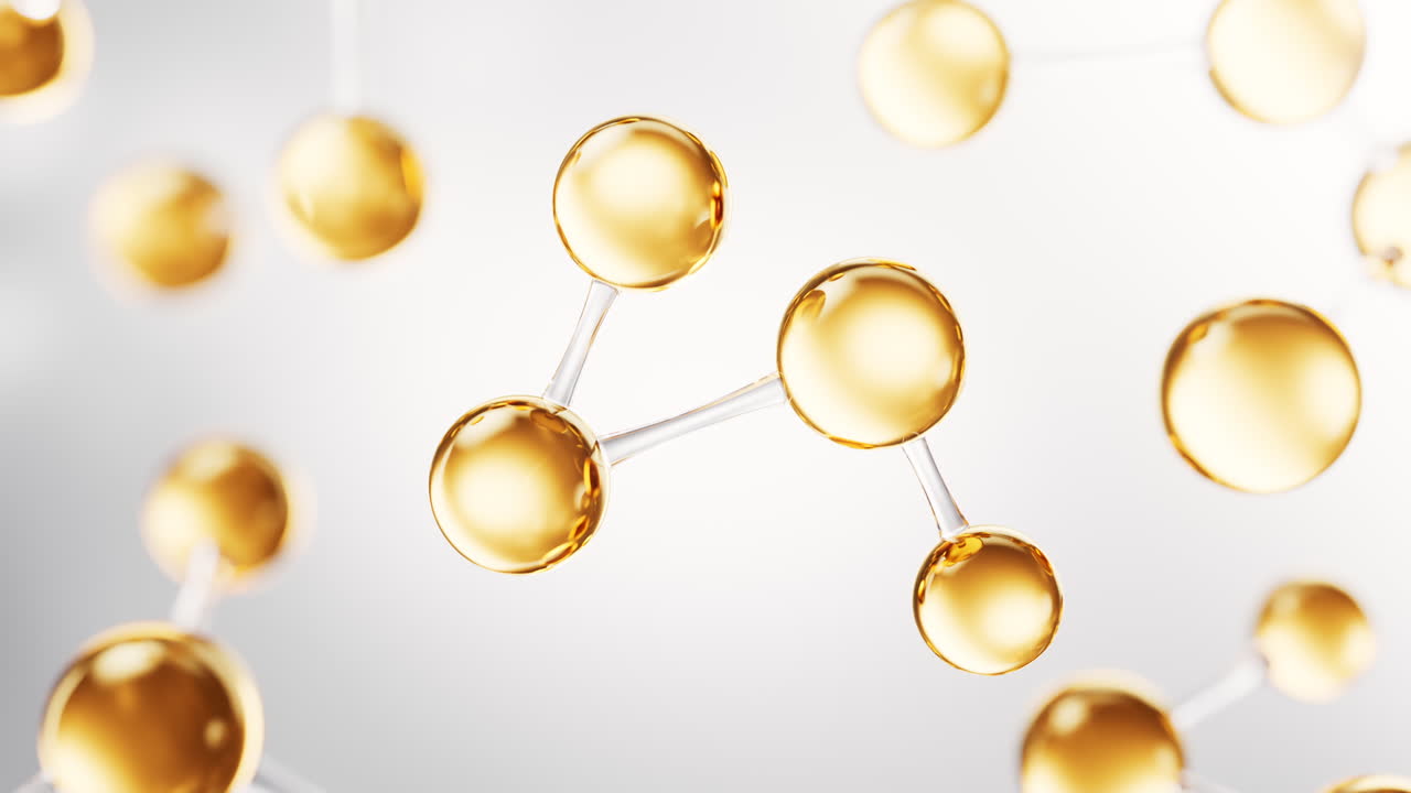 Biological golden molecule with cosmetics background, 3d rendering