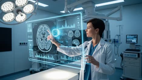 a medical professional analyzes advanced holographic brain imaging in a high-tech surgical room, combining technology and expertise for patient diagnosis and treatment