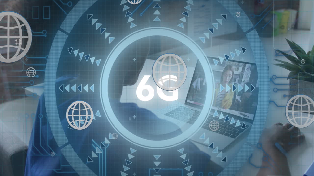 사무실에서 노트북으로 비디오 통화를 하는 아프리카계 미국인 여성에 대한 6g 텍스트 배너의 애니메이션