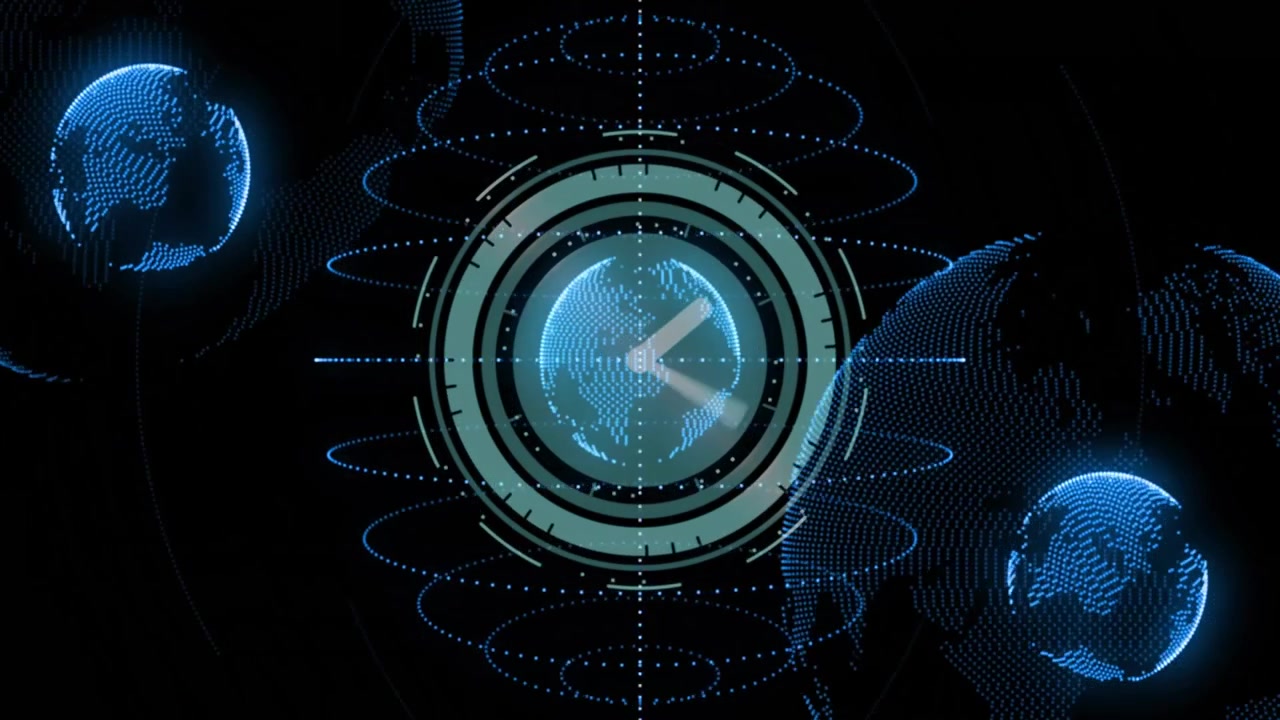 Starting with wireframe globe clock hands rotating progress arc sweeping, visualizing time flow