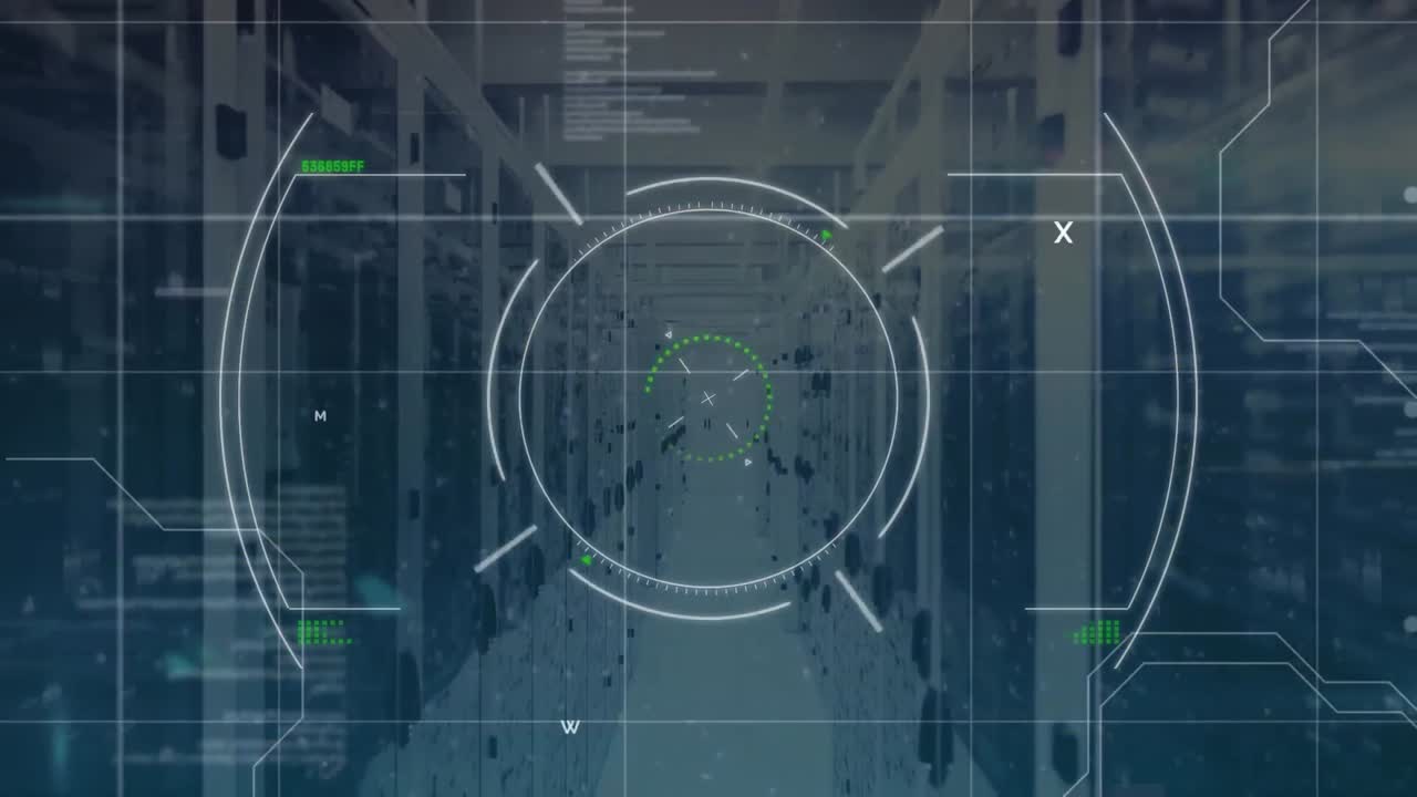 Animation of scope scanning and data processing over tech room with computer servers