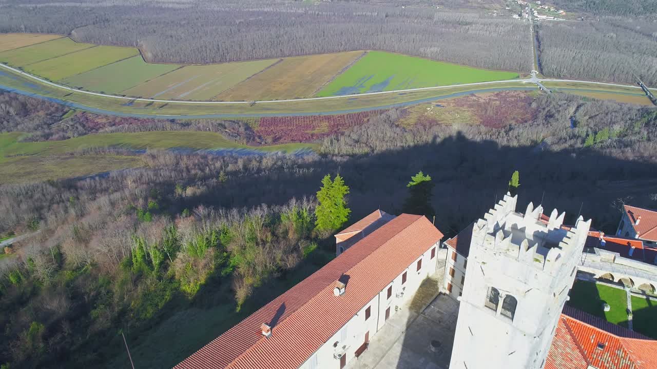 Parish church of St. Stephen and tower in medieval town of Motovun, Croatia, aerial overhead
