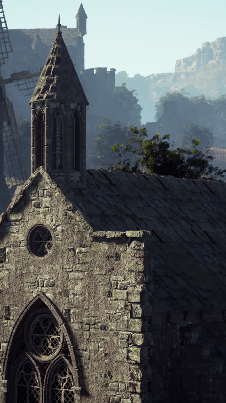 una iglesia de piedra en un pueblo medieval